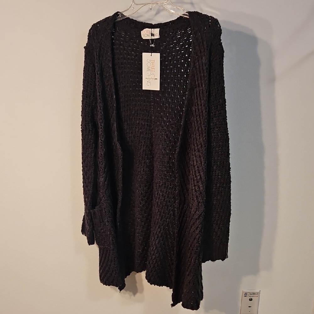 Three Of Something Open Knit Gray Women’s OpenCardigan Sweater -sz L Nwt